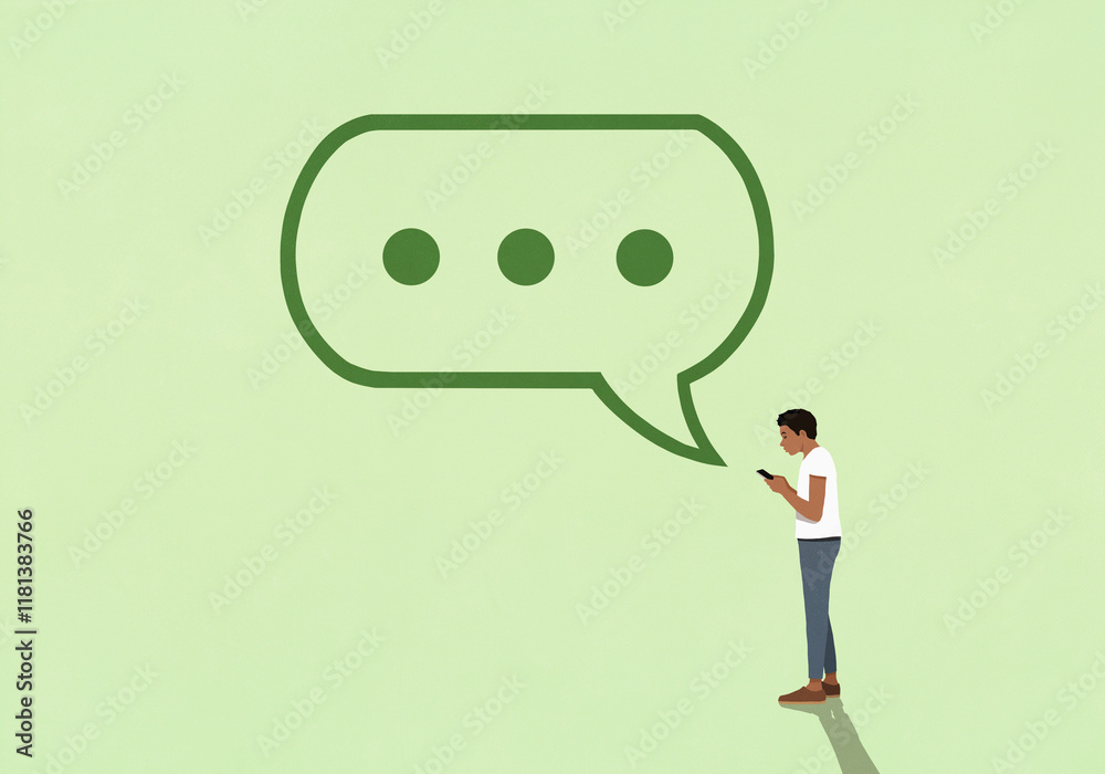 © fStop - Ellipsis text message bubble over man texting with smart phone on green background © fStop - Ellipsis text message bubble over man texting with smart phone on green background