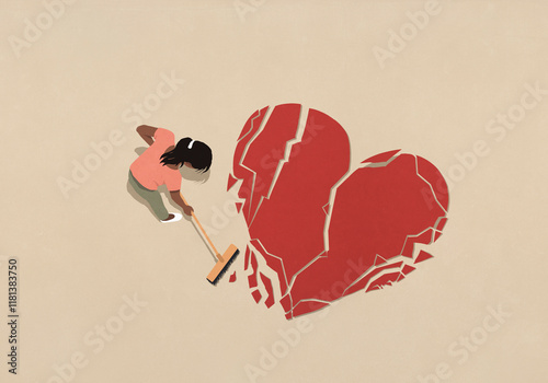 View from above woman with broom sweeping broken heart
