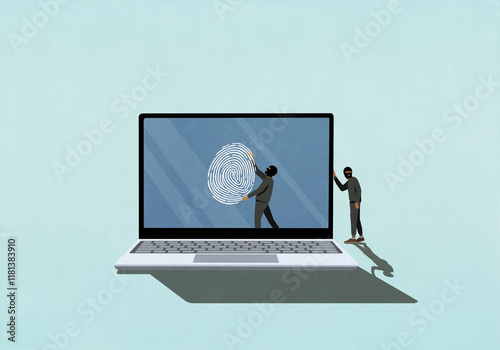 Identity thieves stealing fingerprint off laptop screen
