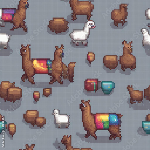 Pixel art featuring llamas and various animals on a gray backdrop.