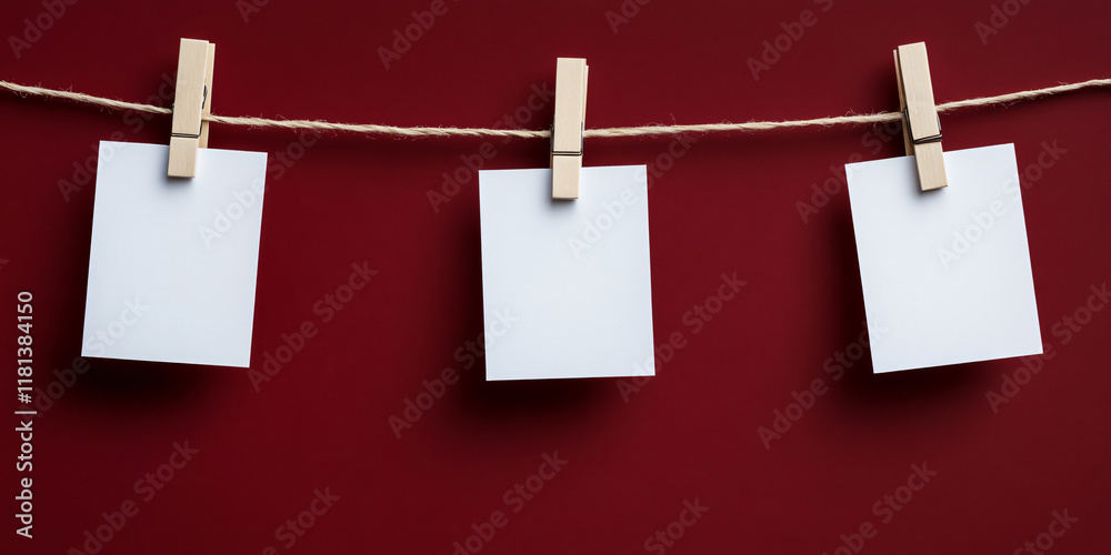 Notes or cards mock-up on a rope on a background of a red wall. Concept banner template for text, notes, photo, declarations of love or holiday garlands, Valentine's style with copyspace Notes or cards mock-up on a rope on a background of a red wall. Concept banner template for text, notes, photo, declarations of love or holiday garlands, Valentine's style with copyspace