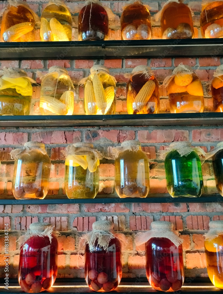 Canned vegetables and fruits in large glass jars on display. Homemade pickles and marinades.