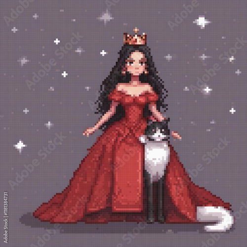 Red-dressed lady with a feline companion in pixel art style.