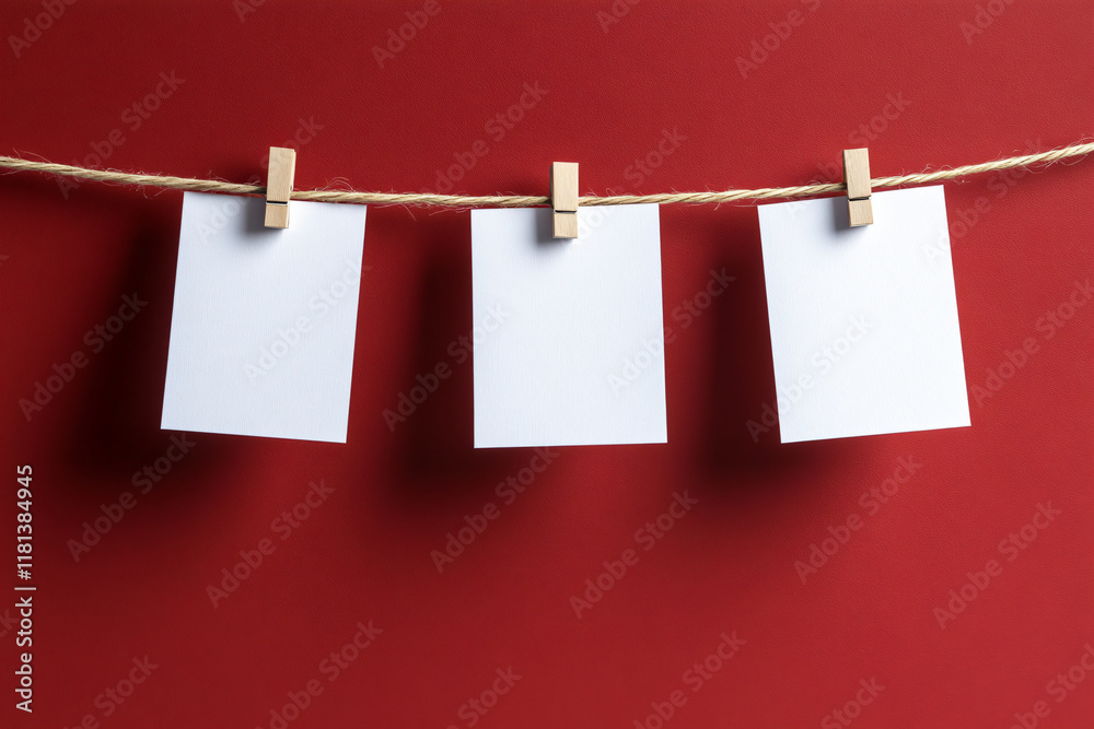 Notes or cards mock-up on a rope on a background of a red wall. Concept banner template for text, notes, photo, declarations of love or holiday garlands, Valentine's style with copyspace Notes or cards mock-up on a rope on a background of a red wall. Concept banner template for text, notes, photo, declarations of love or holiday garlands, Valentine's style with copyspace