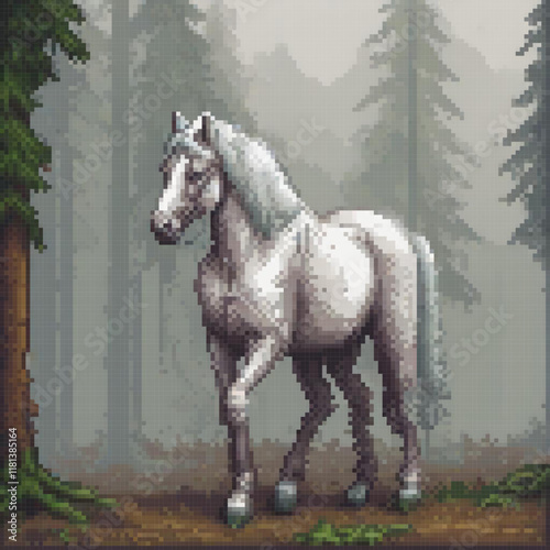 Pixel art of a majestic white horse amidst a lush forest.