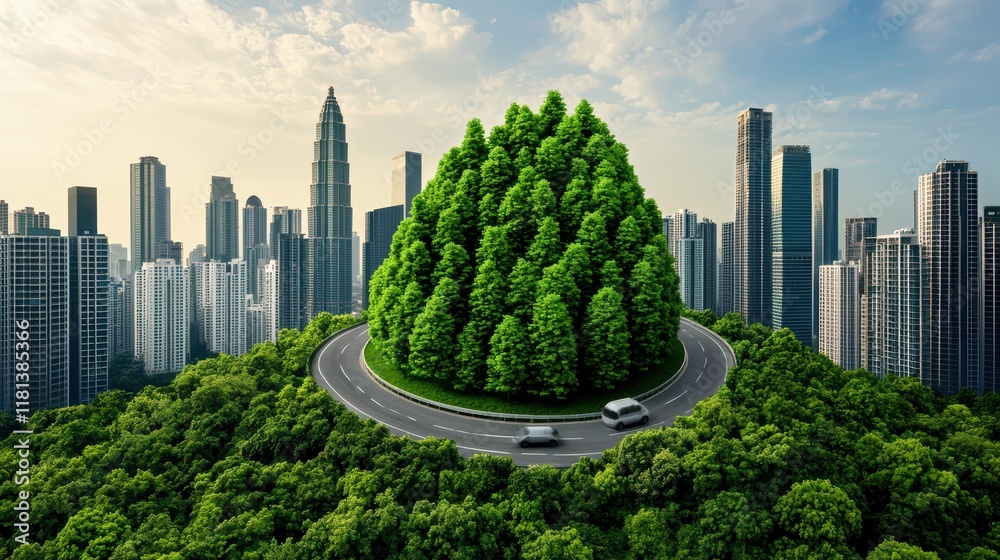 Fototapeta premium Urban Landscape with Green Hill and Highway Surrounded by Trees