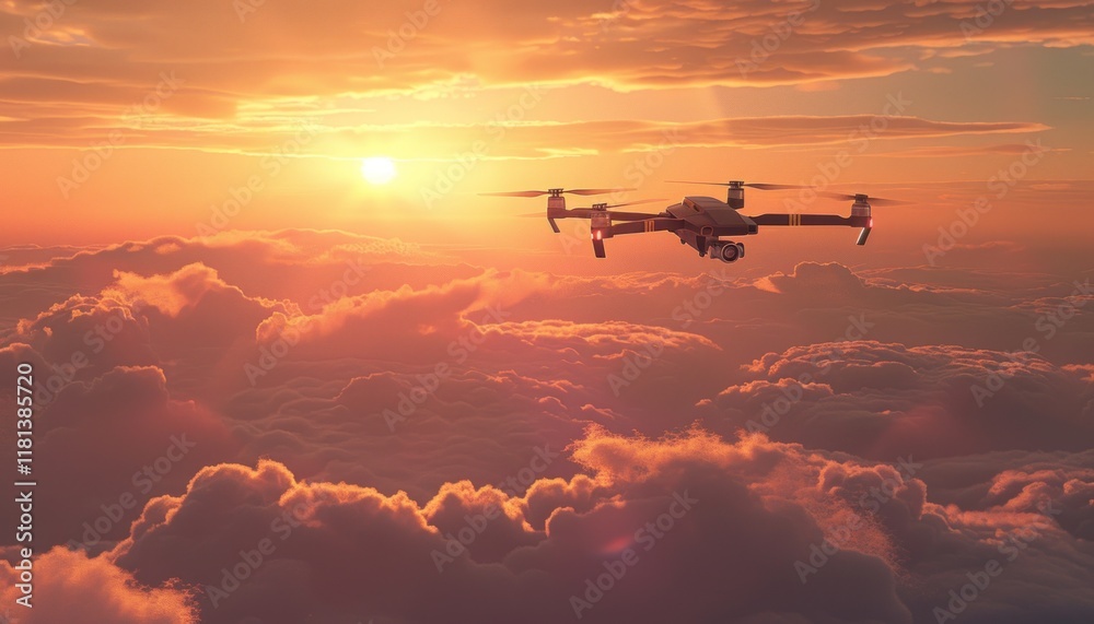 Fototapeta premium Drone soaring above clouds at sunset