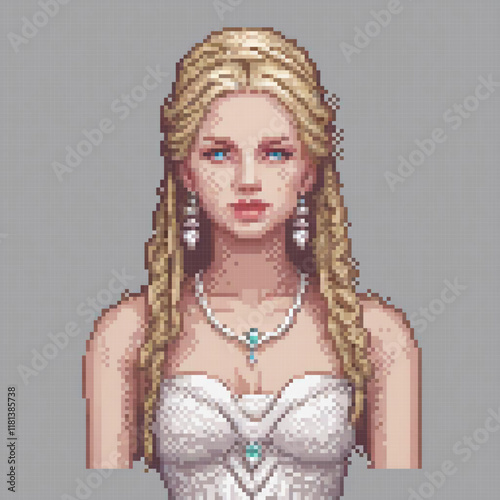 Elegant pixel art of a woman in a pristine white dress, adorned with flowing long blonde hair.