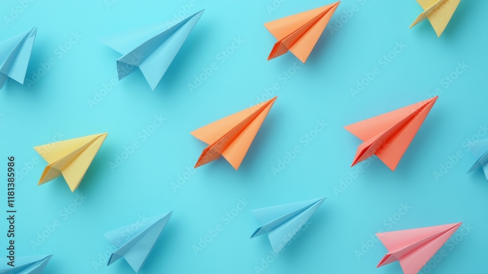 Colorful paper airplanes in a playful arrangement on blue background Colorful paper airplanes in a playful arrangement on blue background