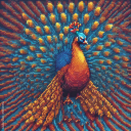 Vintage peacock cross stitch pattern in pixel art style.