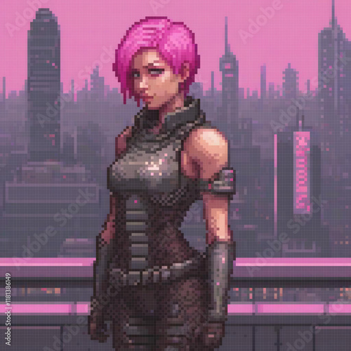 Pixely styled woman with pink hair against a bustling city backdrop.