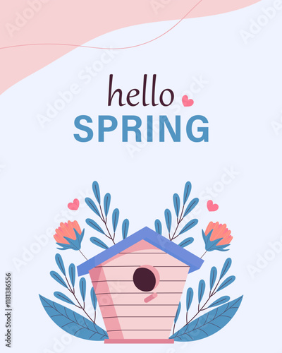 Hello spring greeting card invitation with birdhouse. Floral springtime hand drawn illustration.