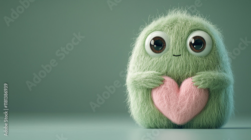 A cute green wool monster with big eyes, a pink heart-shaped belly. Copy space, place for text, funny horizontal postcard or poster for Valentines Day