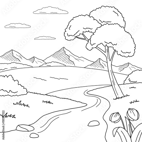 Spring landscape graphic black white landscape tree sketch illustration vector