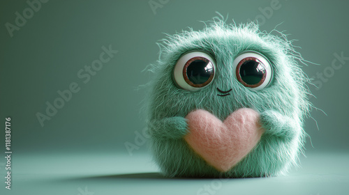 A cute green wool monster with big eyes, a pink heart-shaped belly. Copy space, place for text, funny horizontal postcard or poster for Valentines Day