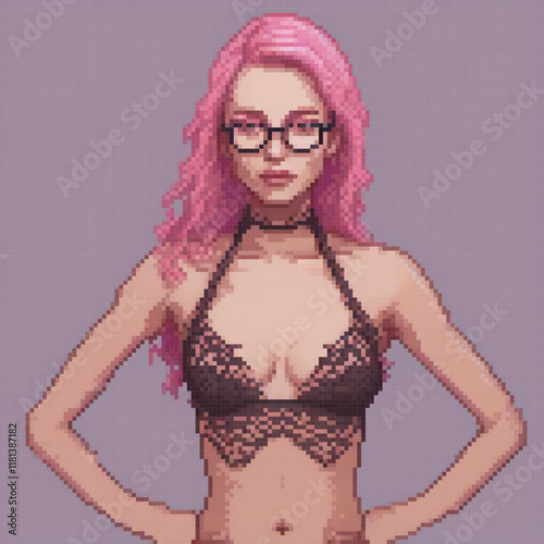 Pixely styled lady in pink hair, black bikini, and glasses.
