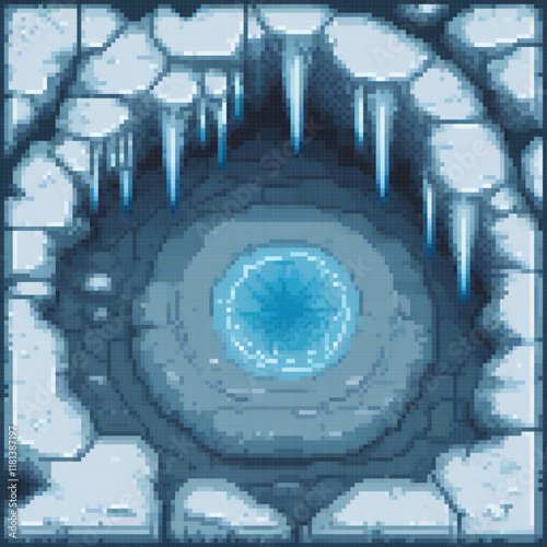 Pixel art cave scene with icicles
