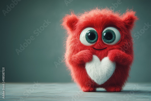 A cute red wool monster with big eyes, a white heart-shaped belly. Copy space, place for text, funny horizontal postcard or poster for Valentines Day