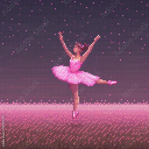 A charming pixel art of a young ballerina in a pink tutu, gracefully dancing on stage.