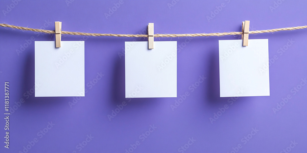 Notes or cards mock-up on a rope on a background of a purple and lilac wall. Concept banner template for text, notes, photo, declarations of love or holiday garlands, Valentine's style with copyspace Notes or cards mock-up on a rope on a background of a purple and lilac wall. Concept banner template for text, notes, photo, declarations of love or holiday garlands, Valentine's style with copyspace