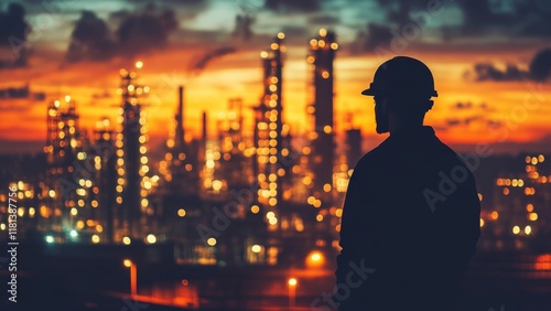 Worker observing industrial skyline at dusk in urban area