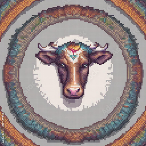 Pixel art cross stitch cow head in a circle