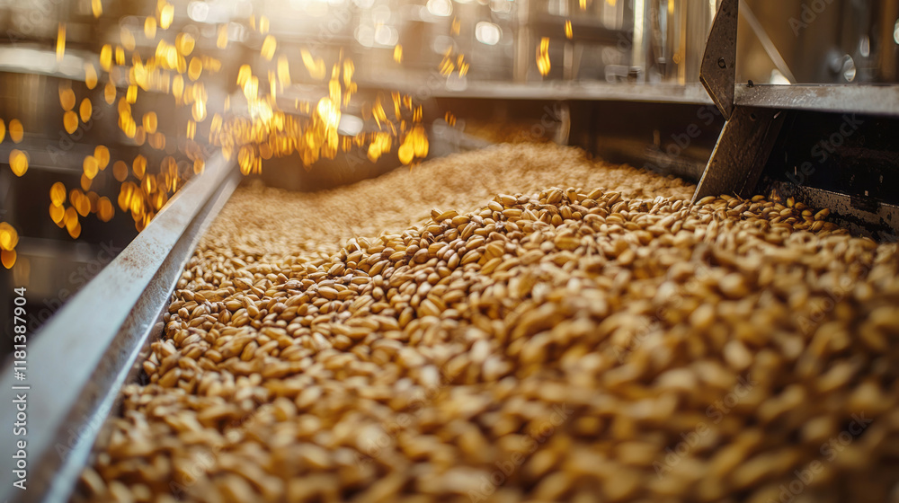 Barley grains being processed in modern brewing factory Barley grains being processed in modern brewing factory