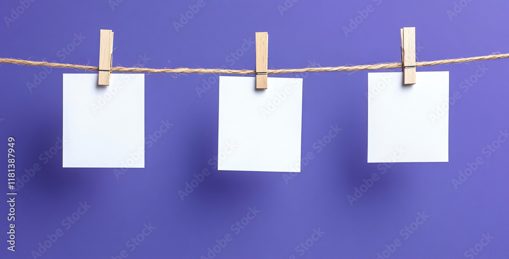 Notes or cards mock-up on a rope on a background of a purple and lilac wall. Concept banner template for text, notes, photo, declarations of love or holiday garlands, Valentine's style with copyspace Notes or cards mock-up on a rope on a background of a purple and lilac wall. Concept banner template for text, notes, photo, declarations of love or holiday garlands, Valentine's style with copyspace