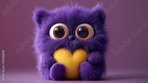 A cute purple wool monster with big eyes, a yellow heart-shaped belly. Copy space, place for text, funny horizontal postcard or poster for Valentines Day