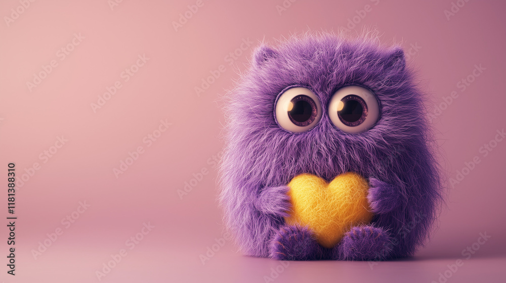 Fototapeta premium A cute purple wool monster with big eyes, a yellow heart-shaped belly. Copy space, place for text, funny horizontal postcard or poster for Valentines Day