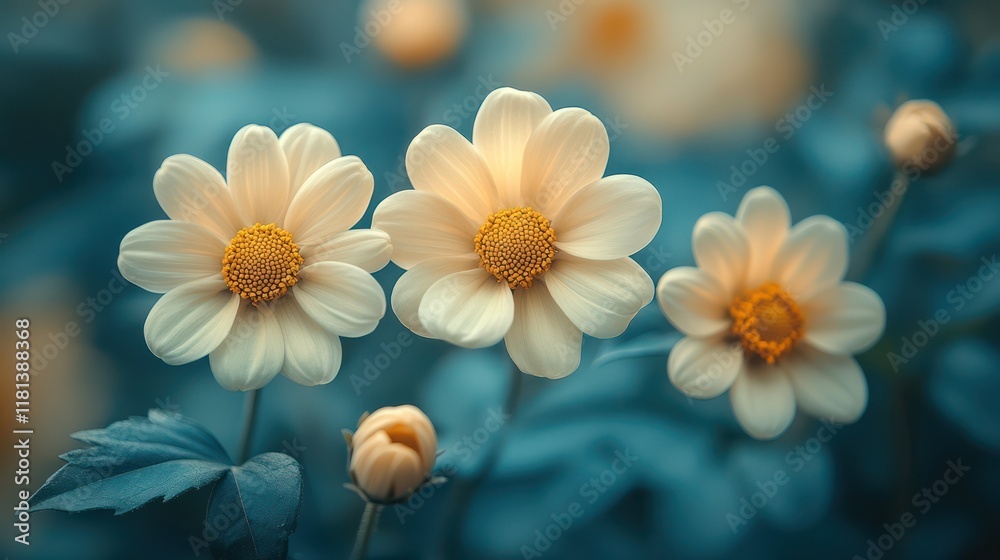Serene Garden: Three Delicate Cream Dahlias in a Teal Garden Serene Garden: Three Delicate Cream Dahlias in a Teal Garden