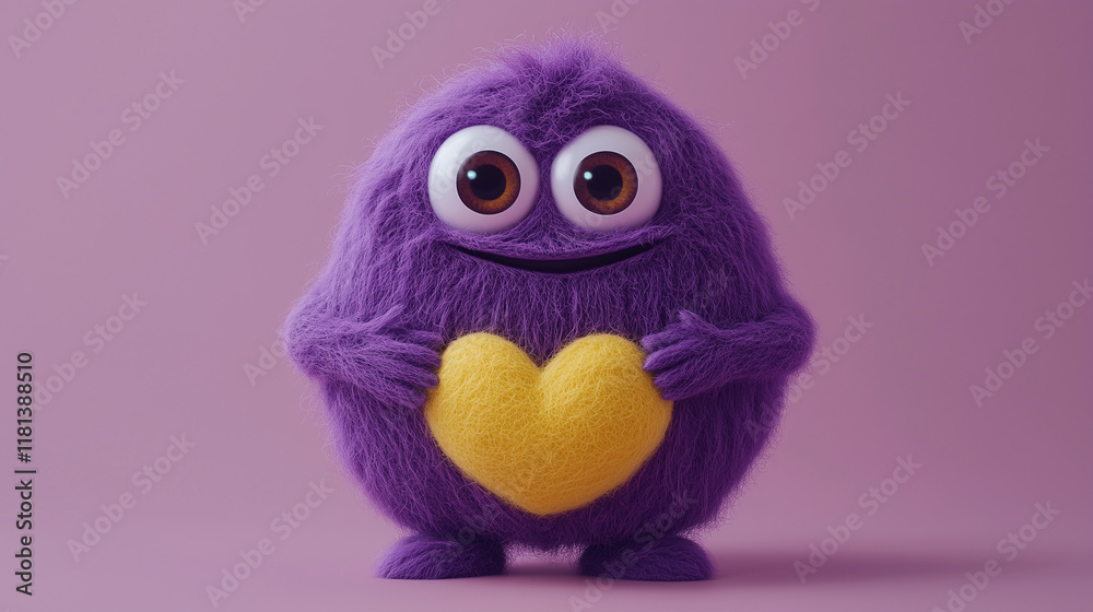 Fototapeta premium A cute purple wool monster with big eyes, a yellow heart-shaped belly. Copy space, place for text, funny horizontal postcard or poster for Valentines Day