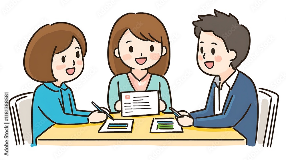 Three colleagues collaborate on a project, reviewing documents and discussing ideas at a table. Three colleagues collaborate on a project, reviewing documents and discussing ideas at a table.