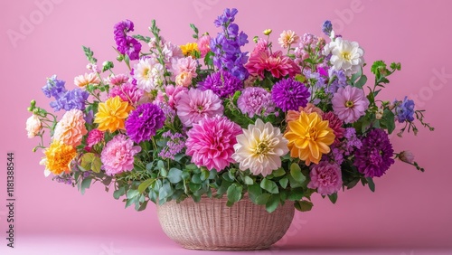 Wallpaper Mural Colorful floral arrangement in a woven basket on pink background Torontodigital.ca