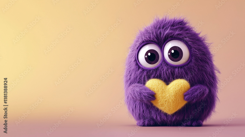Obraz premium A cute purple wool monster with big eyes, a yellow heart-shaped belly. Copy space, place for text, funny horizontal postcard or poster for Valentines Day