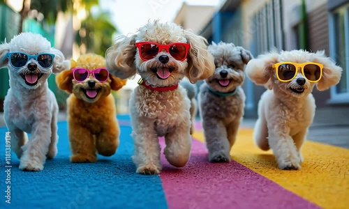 a group of poodle dog wear sunglasses walking in the nature