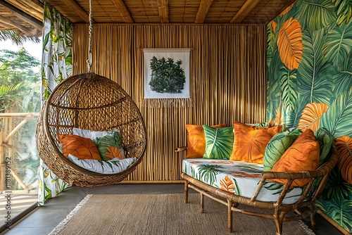 Fototapeta Naklejka Na Ścianę i Meble -  A tropical hideaway living room with bamboo walls, bright jungle prints, and a hanging rattan chair.