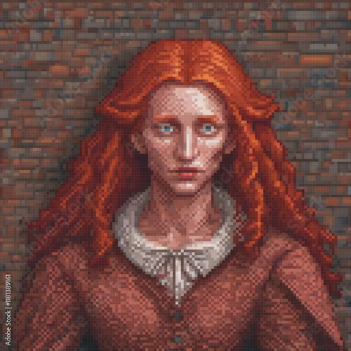 Redhead woman in pixel art, standing by brick wall