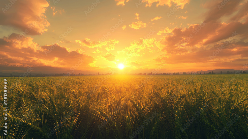 Beautiful sunset over a lush green wheat field landscape view
