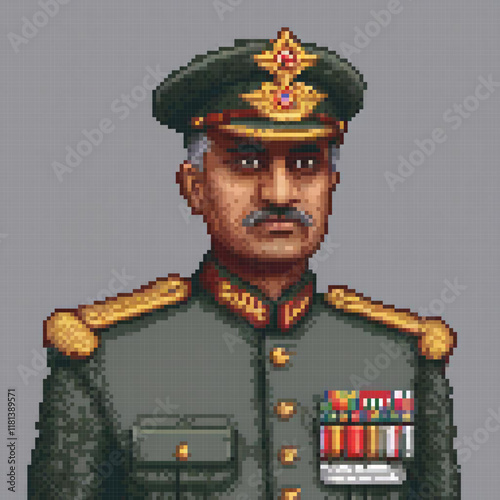 Vintage pixel art of a mustachioed military man in uniform.