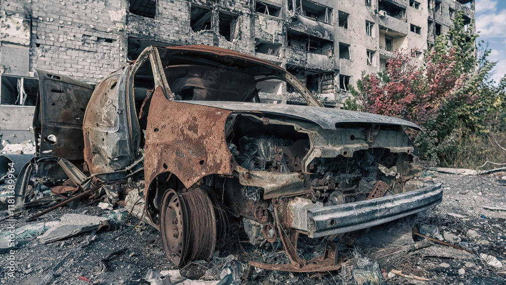destroyed and burned houses in the city in Ukraine destroyed and burned houses in the city in Ukraine
