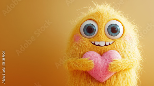 A cute yellow wool monster with big eyes, a pink heart-shaped belly. Copy space, place for text, funny horizontal postcard or poster for Valentines Day