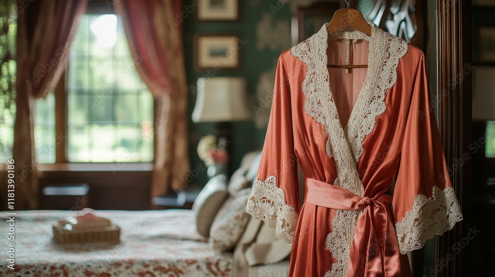 Fototapeta premium Peach satin robe, lace trim, hangs bedroom.