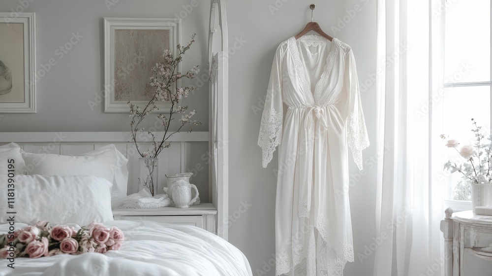 White bedroom, lace robe, flowers, calm, serene. White bedroom, lace robe, flowers, calm, serene.