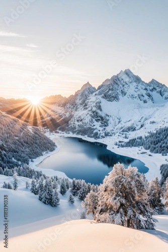Majestic winter sunrise illuminating snowy mountains and serene alpine lake with cozy chalet
