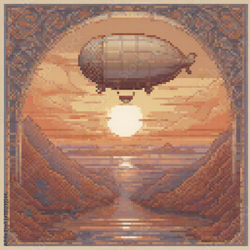 Pixel art cross stitch zeppelin over river