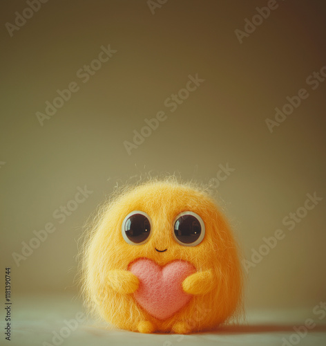 A cute yellow wool monster with big eyes, a зштл heart-shaped belly. Copy space, place for text, funny vertical postcard or poster for Valentines Day