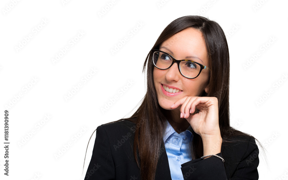 Confident young professional woman in glasses and a suit, ponder Confident young professional woman in glasses and a suit, ponder