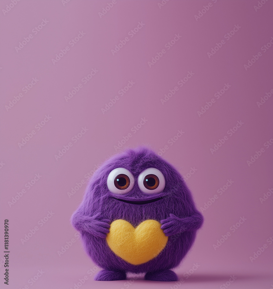 Fototapeta premium A cute purple wool monster with big eyes, a yellow heart-shaped belly. Copy space, place for text, funny vertical postcard or poster for Valentines Day