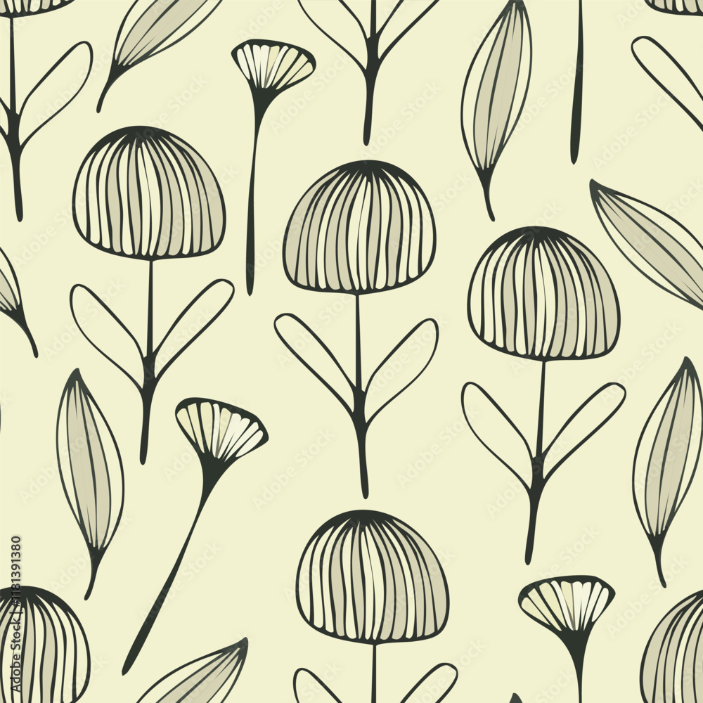 seamless monochrome hand drawn flowers pattern background